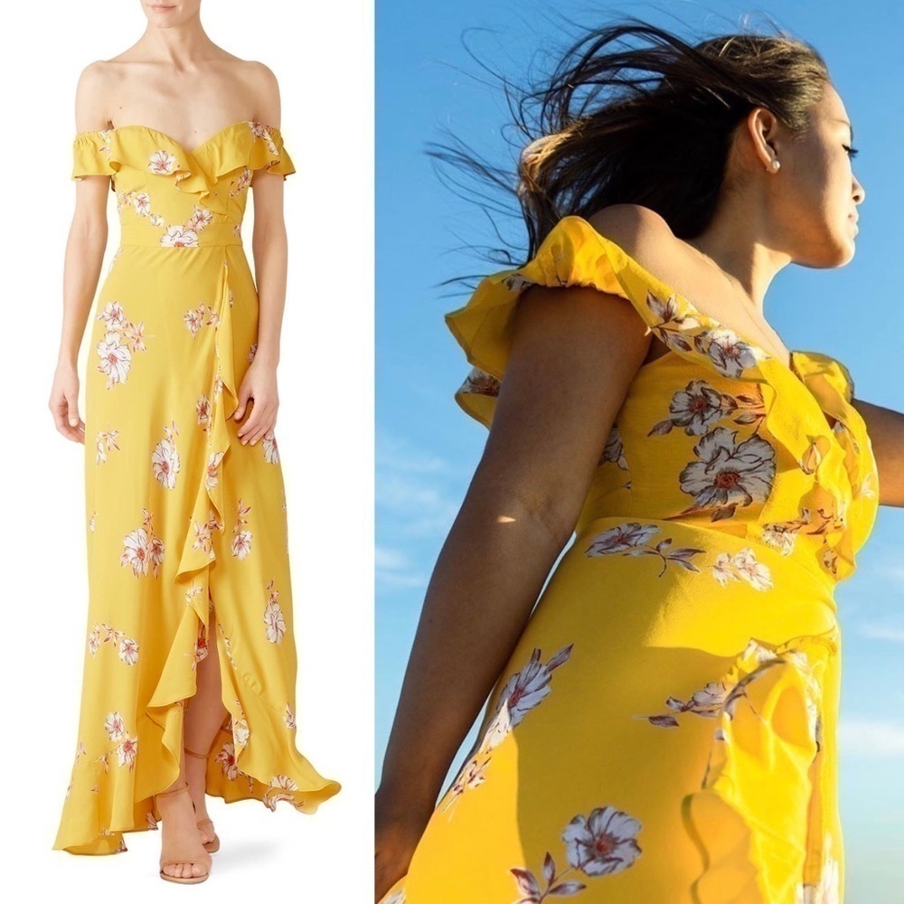 FLYNN SKYE 70s Floral Off Shoulder Ruffle Trim Leg Slit Faux Wrap Maxi Dress M